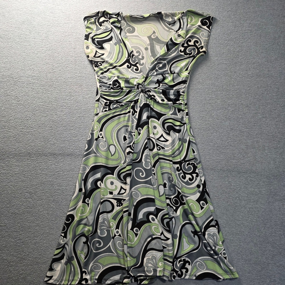 Sushi Flower Paisley Twist Front Empire Waist Dress Womens XS Green Gray Y2K
